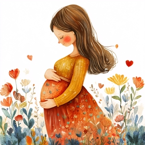 花丛孕妈妈卡通插画设计图片